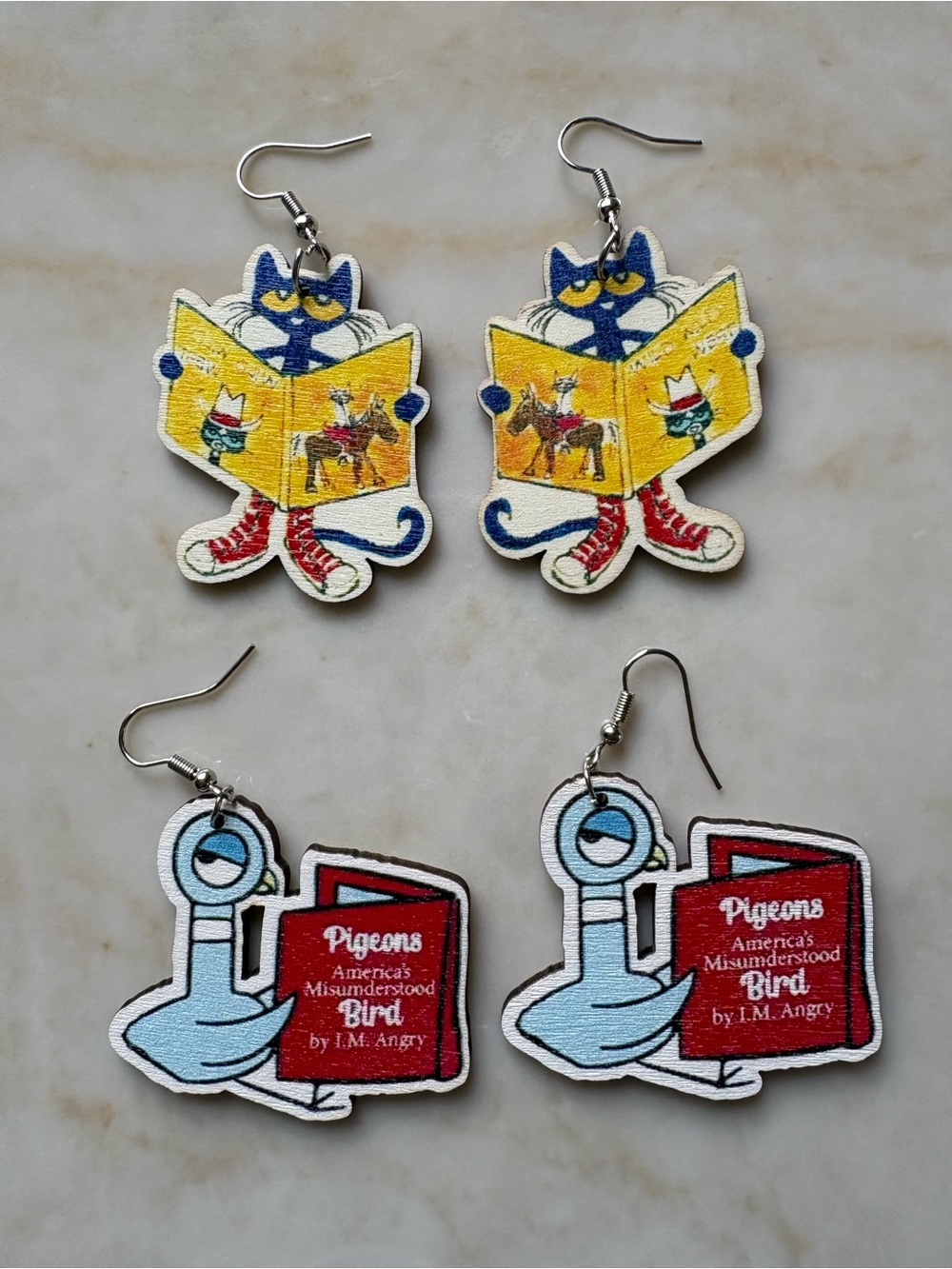 School Teacher Cat & Pigeon Novelty Wooden Earrings